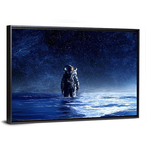 Astronaut Standing In Water Canvas Wall Art-3 Horizontal-Gallery Wrap-25" x 16"-Tiaracle