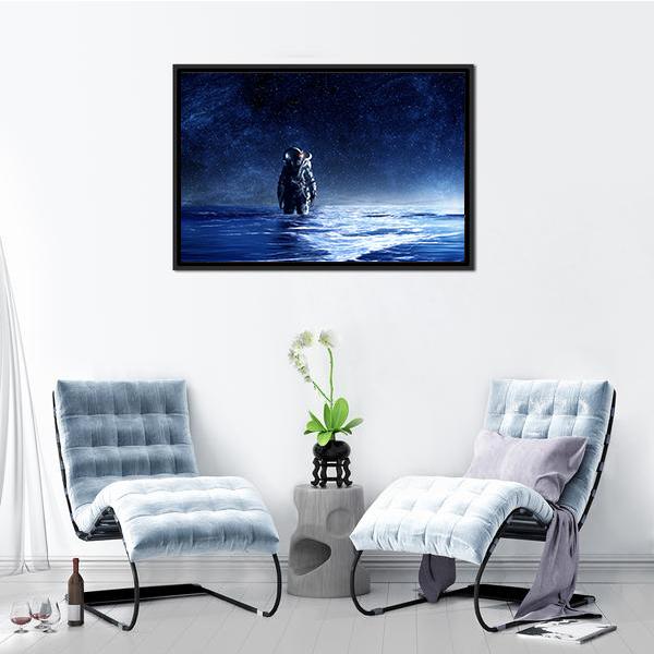 Astronaut Standing In Water Canvas Wall Art-3 Horizontal-Gallery Wrap-25" x 16"-Tiaracle