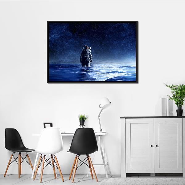 Astronaut Standing In Water Canvas Wall Art-3 Horizontal-Gallery Wrap-25" x 16"-Tiaracle