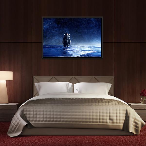 Astronaut Standing In Water Canvas Wall Art-3 Horizontal-Gallery Wrap-25" x 16"-Tiaracle
