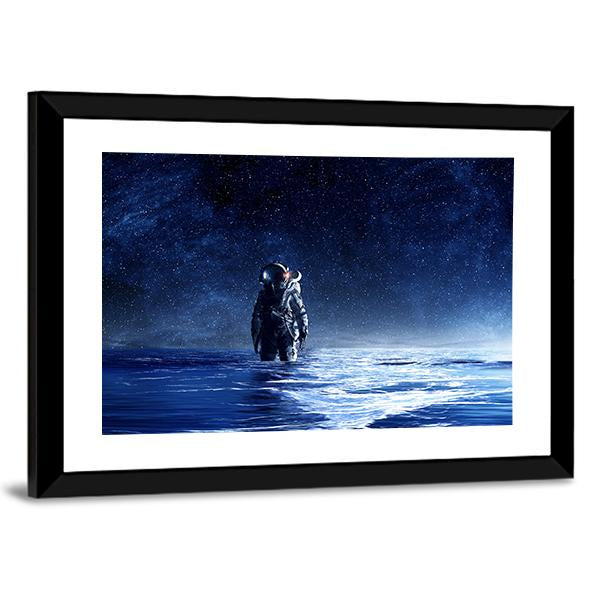 Astronaut Standing In Water Canvas Wall Art-3 Horizontal-Gallery Wrap-25" x 16"-Tiaracle