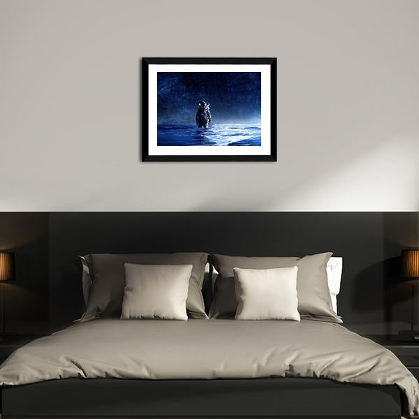 Astronaut Standing In Water Canvas Wall Art-3 Horizontal-Gallery Wrap-25" x 16"-Tiaracle