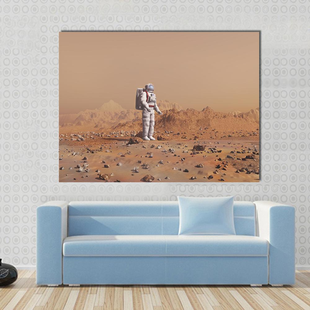 Astronaut Walking on Mars Canvas Wall Art in beige, brown and orange, single panel hung on a wall