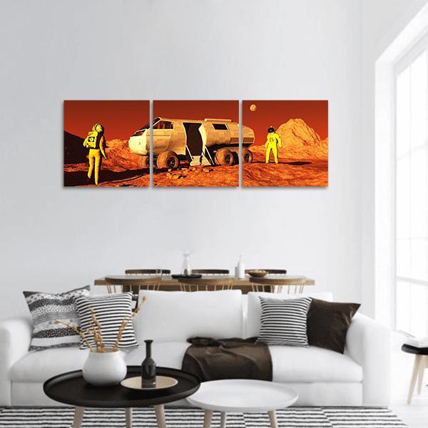 Astronauts and Mars Rover Panoramic Canvas Wall Art in brown, orange and yellow, hung on a wall