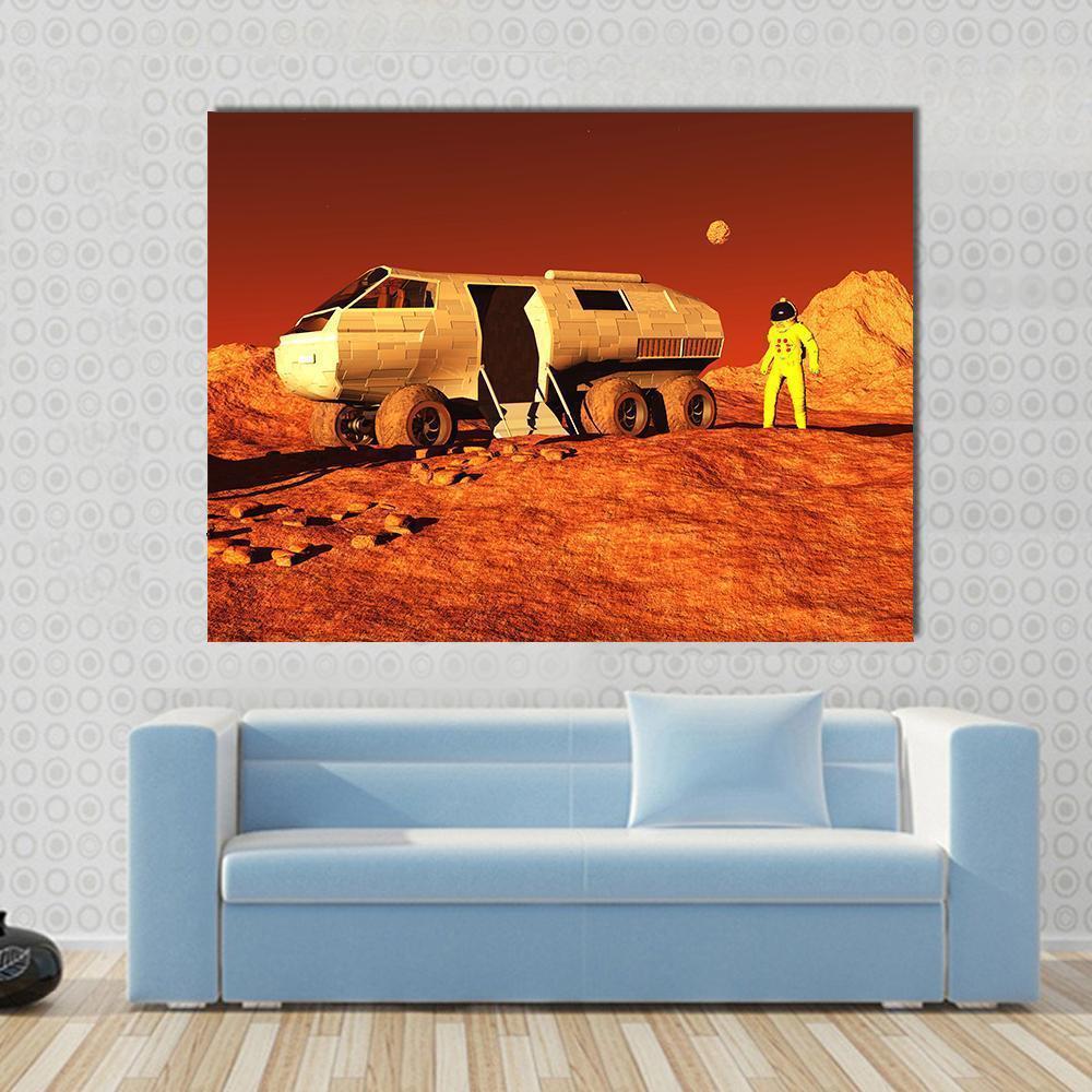 Astronaut and Mars Rover Canvas Wall Art in beige, red and orange, single panel hung on a wall