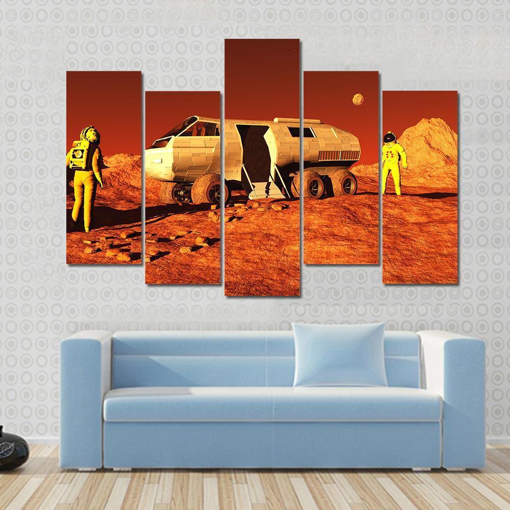 Astronauts &amp; Mars Rover Canvas Wall Art-5 Pop-Gallery Wrap-47" x 32"-Tiaracle