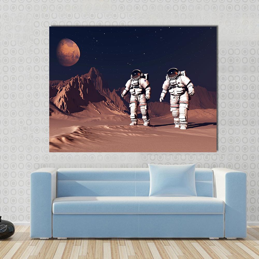 Two Astronauts on Mars Canvas Wall Art in black, brown and orange, single panel hung on a wall