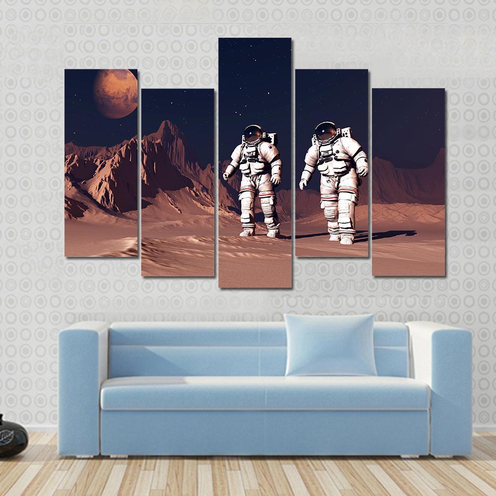 Two Astronauts On Mars Canvas Wall Art-5 Pop-Gallery Wrap-47" x 32"-Tiaracle