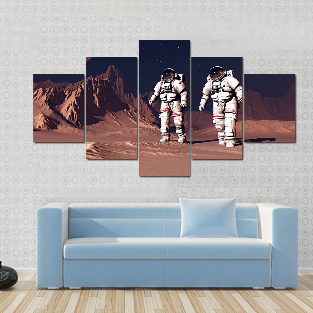 Two Astronauts On Mars Canvas Wall Art-5 Star-Gallery Wrap-62" x 32"-Tiaracle
