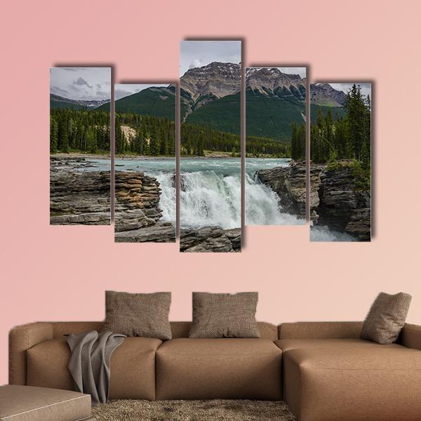 Athabasca Falls In Jasper National Park Canvas Wall Art-5 Pop-Gallery Wrap-47" x 32"-Tiaracle