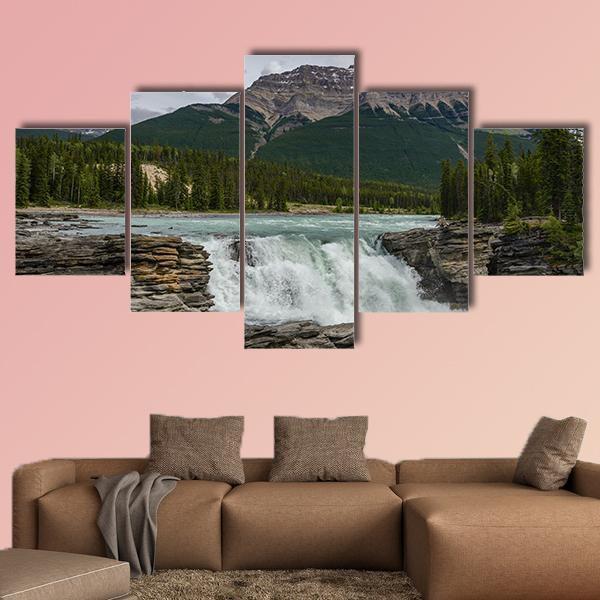 Athabasca Falls In Jasper National Park Canvas Wall Art-5 Star-Gallery Wrap-62" x 32"-Tiaracle