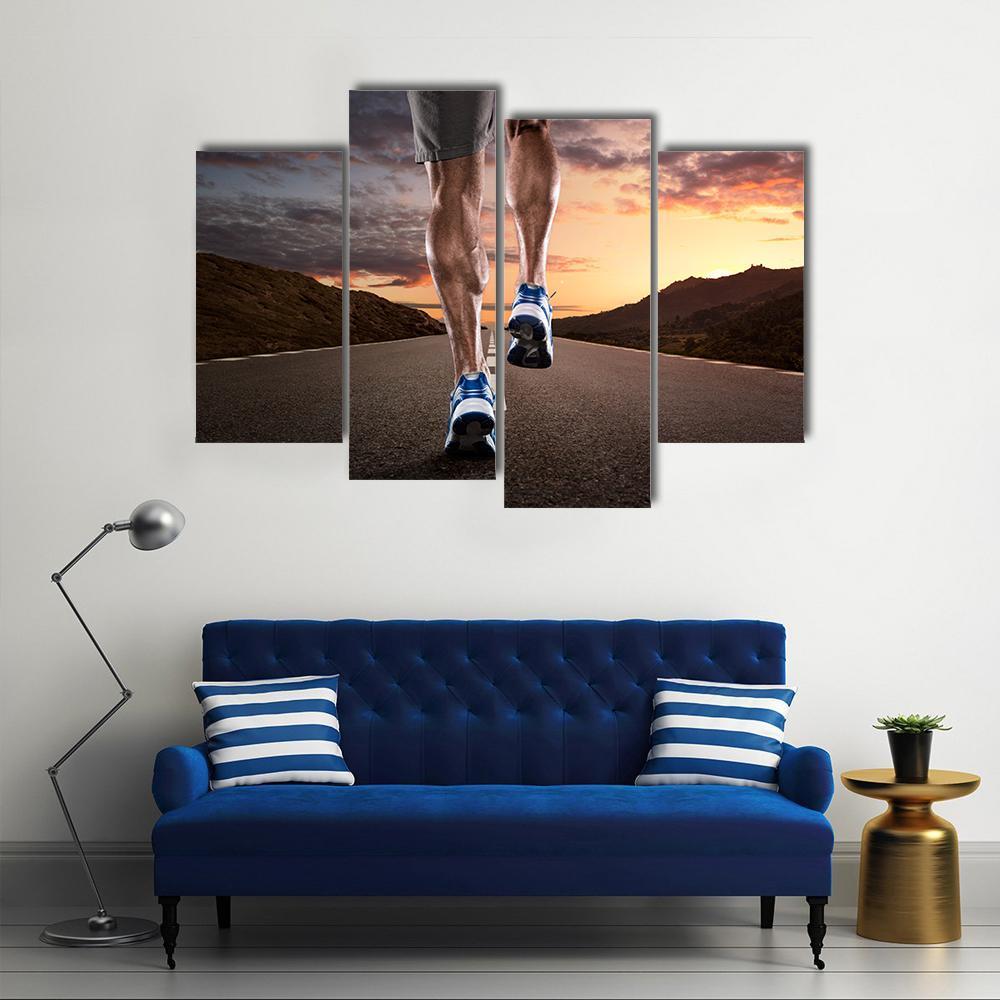Athlete Running On Road Canvas Wall Art-4 Pop-Gallery Wrap-50&quot; x 32&quot;-Tiaracle