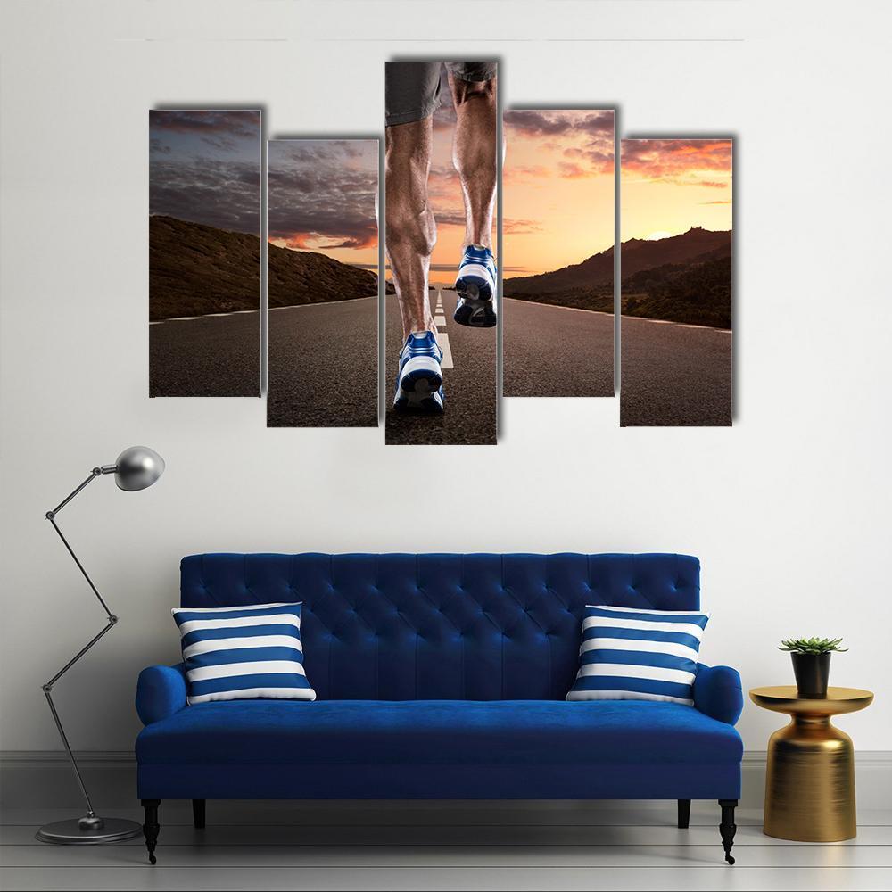 Athlete Running On Road Canvas Wall Art-5 Pop-Gallery Wrap-47&quot; x 32&quot;-Tiaracle