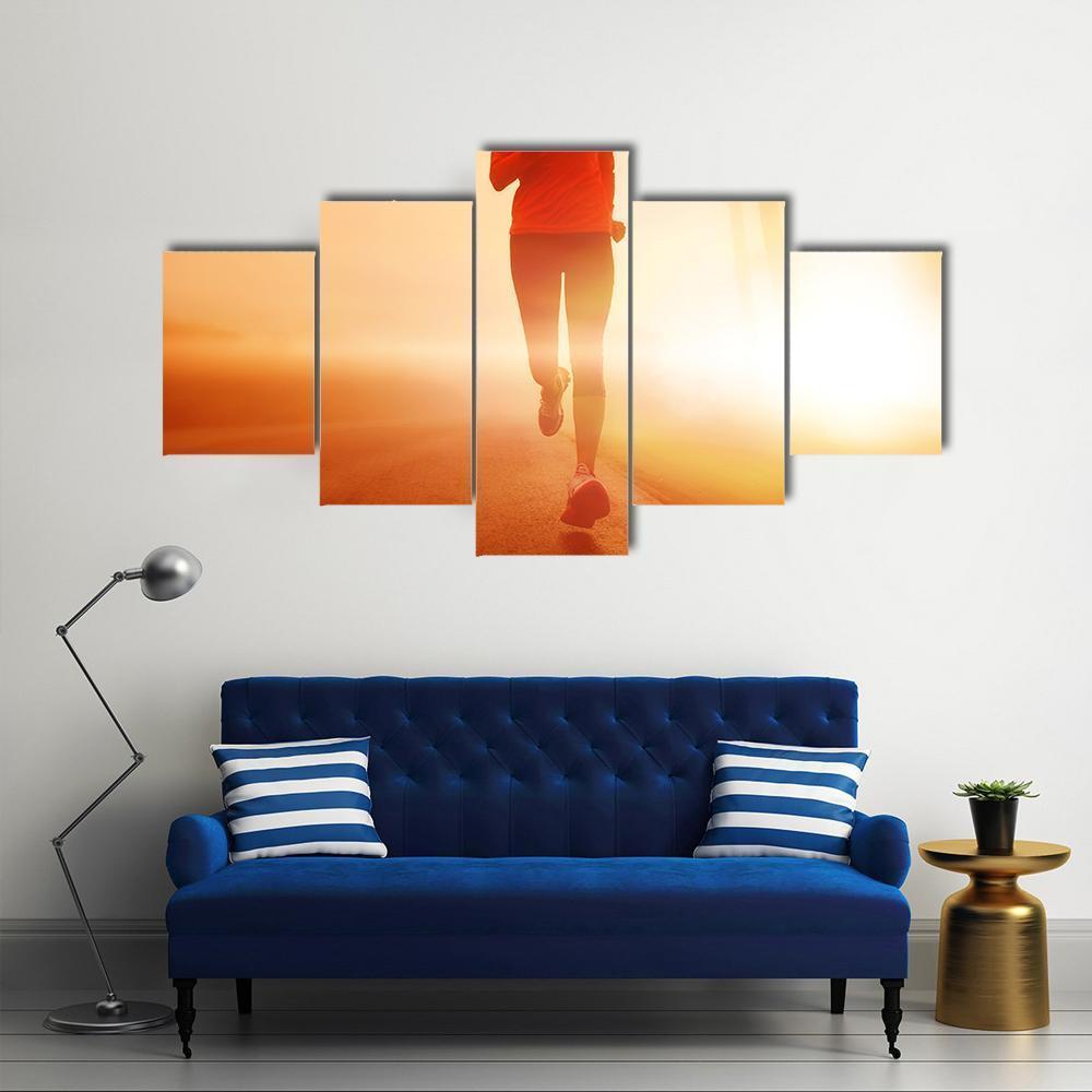 Athlete Running On Road Canvas Wall Art-5 Star-Gallery Wrap-62&quot; x 32&quot;-Tiaracle