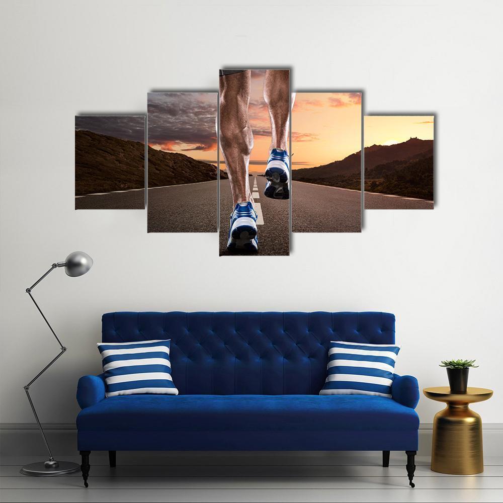 Athlete Running On Road Canvas Wall Art-5 Star-Gallery Wrap-62&quot; x 32&quot;-Tiaracle