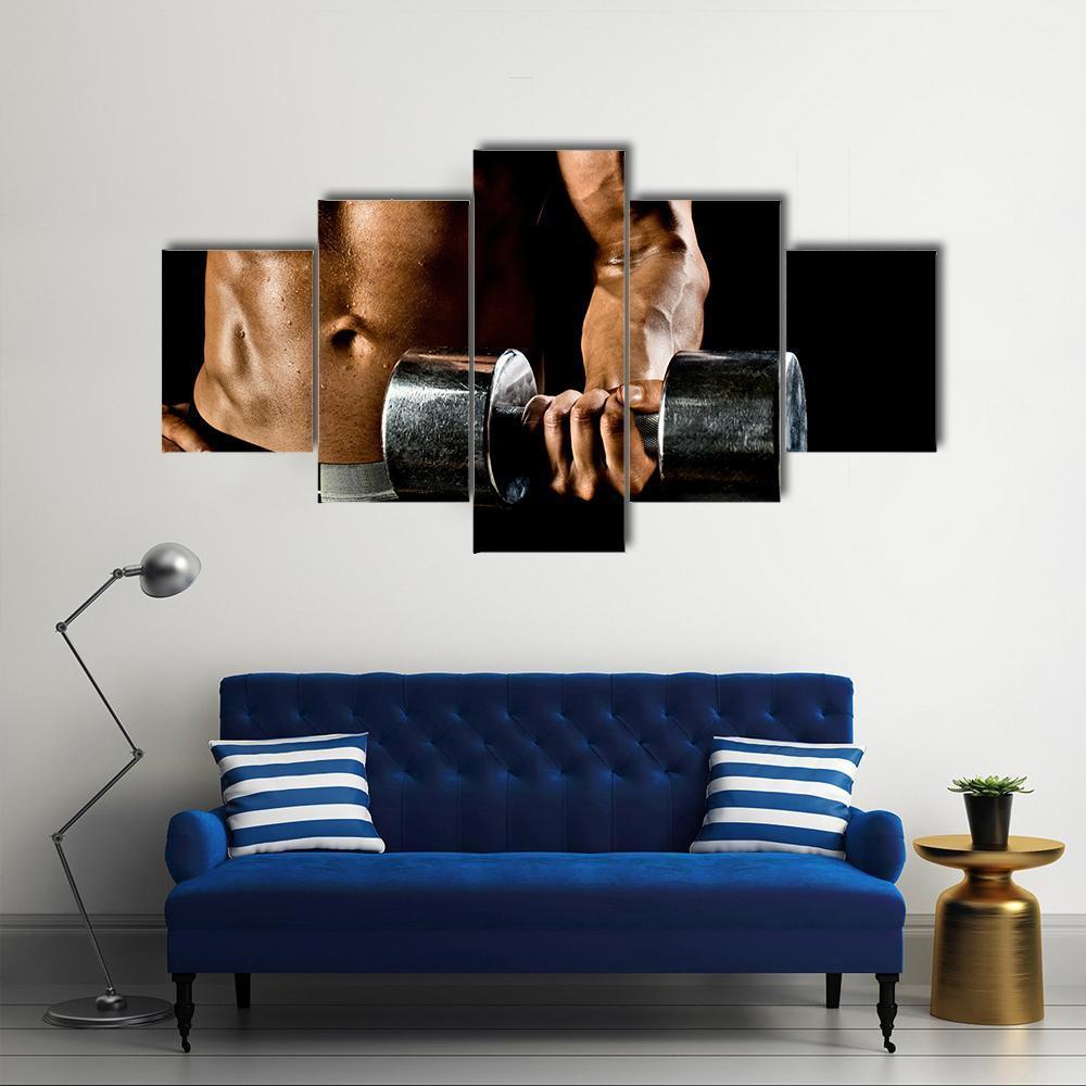 Athletic Exercise With Dumbbells Canvas Wall Art-5 Star-Gallery Wrap-62&quot; x 32&quot;-Tiaracle