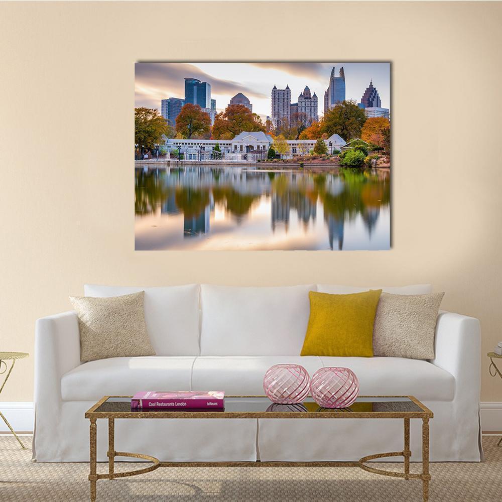 Atlanta Autumn Skyline Canvas Wall Art in orange, yellow and blue, single panel hung on a wall