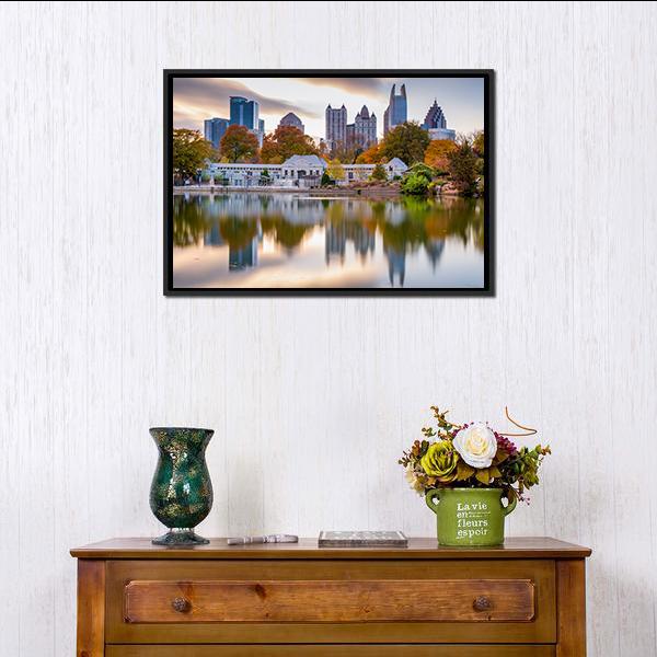 Atlanta Autumn Skyline Canvas Wall Art in orange, yellow and blue, framed canvas, product view on a white background