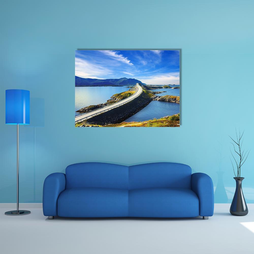 Atlanterhavsvegen Norway Canvas Wall Art in black, white and blue, single panel hung on a wall