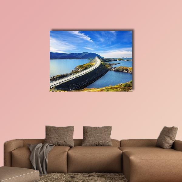 Atlanterhavsvegen Atlantic Ocean Road Canvas Wall Art in white, gray and blue, single panel hung on a wall