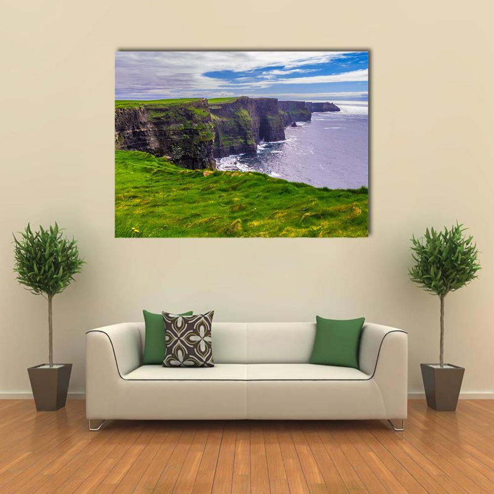 Cliffs of Moher, Ireland Canvas Wall Art in gray, green and blue, single panel hung on a wall