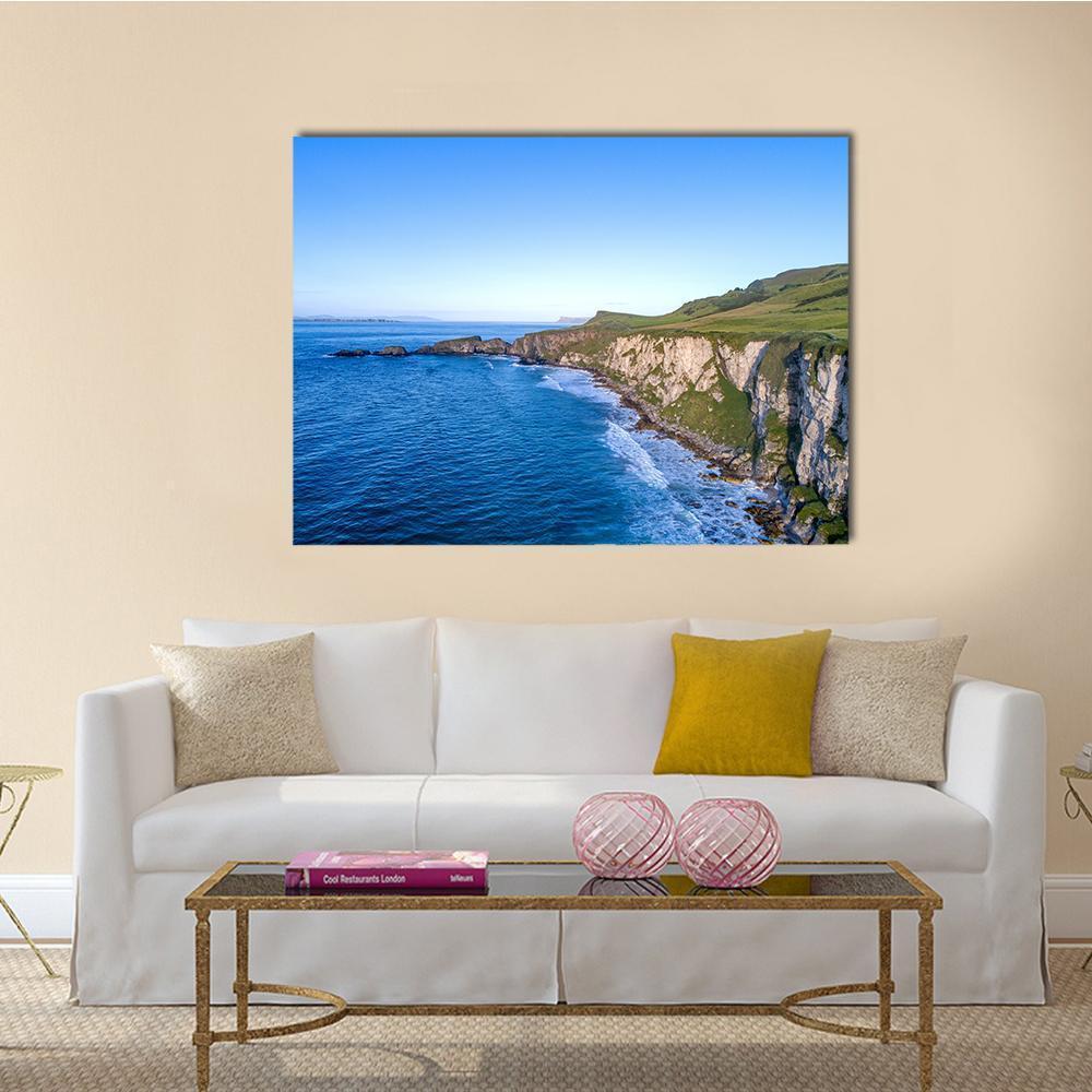 Atlantic Coast Cliffs Canvas Wall Art in white, green and blue, single panel hung on a wall
