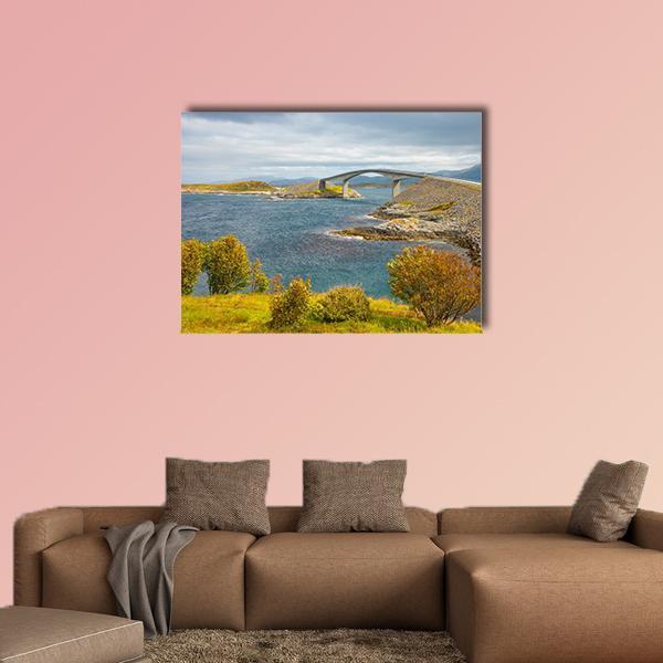 Atlantic Road Norway Canvas Wall Art in gray, yellow and blue, single panel hung on a wall