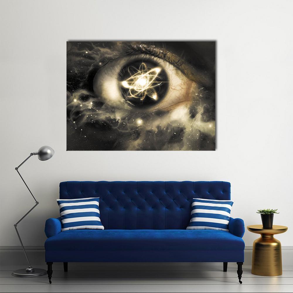 Iris with Atomic Model Canvas Wall Art in black, gold and yellow, single panel hung on a wall