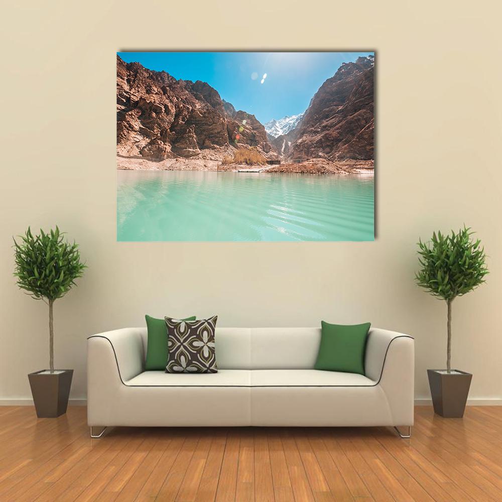 Attabad Lake in Northern Pakistan Canvas Wall Art in brown, green and blue, single panel hung on a wall