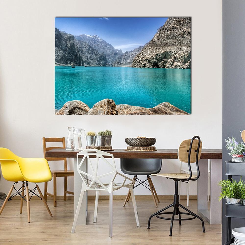Attabad Lake in Turquoise Serenity Canvas Wall Art in gray, brown and blue, single panel hung on a wall