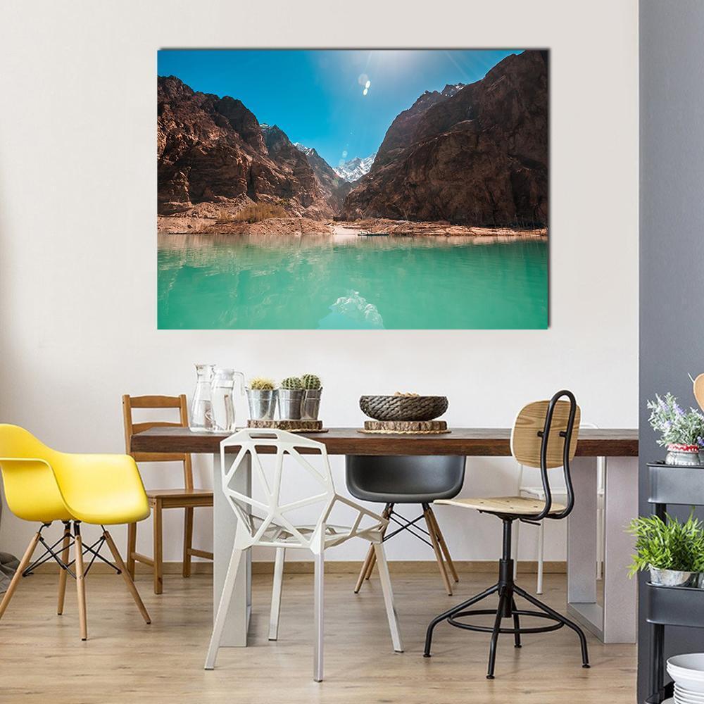 Attabad Lake in Pakistan Canvas Wall Art in brown, green and blue, single panel hung on a wall