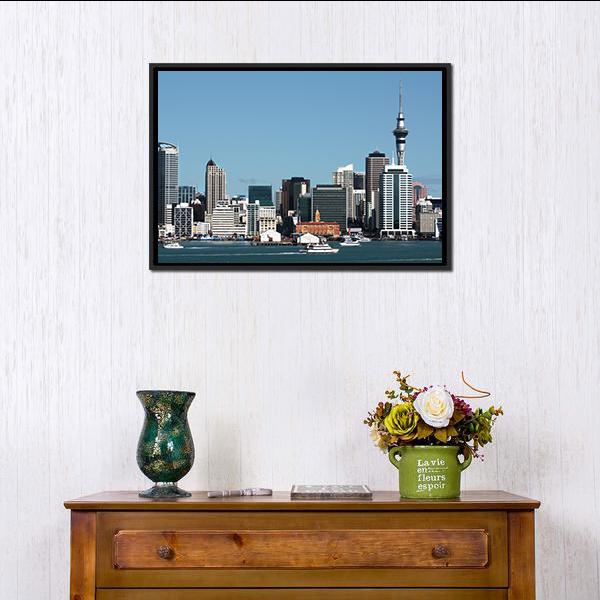 City Skyline with Sky Tower Canvas Wall Art in white, gray and blue, framed canvas, product view on a white background