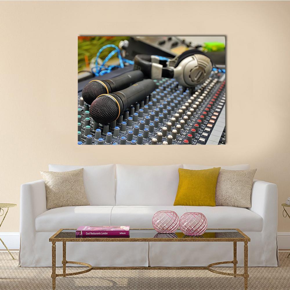 Microphones and Mixing Board Canvas Wall Art in black, gray and silver, single panel hung on a wall