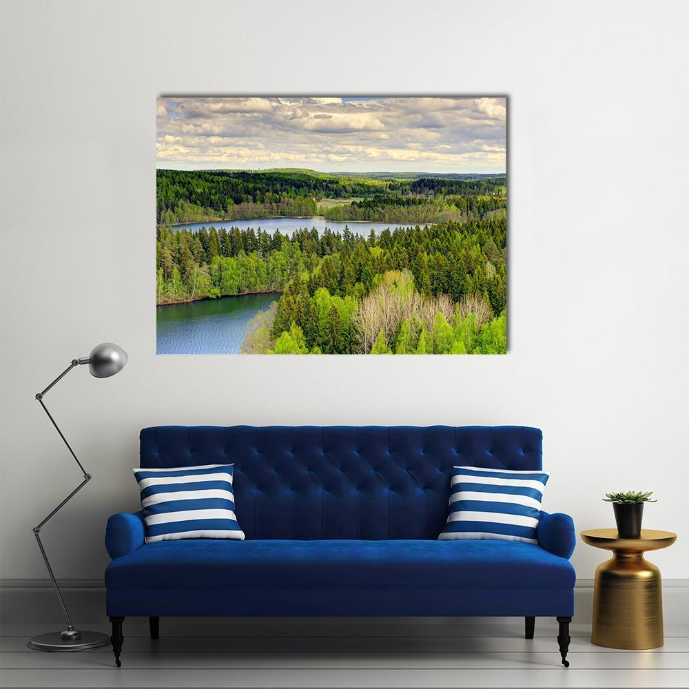 Aulanko Countryside, Finland Canvas Wall Art in white, green and blue, single panel hung on a wall
