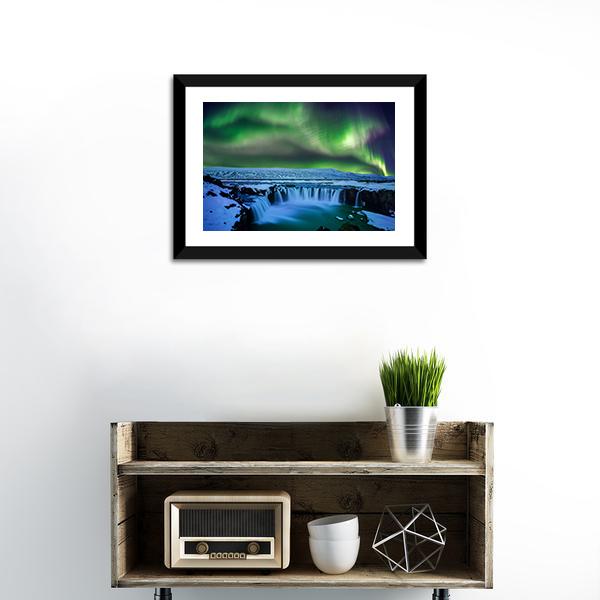 Aurora Over Godafoss Waterfall Canvas Wall Art in green and blue, 3 panel horizontal set hung on a wall