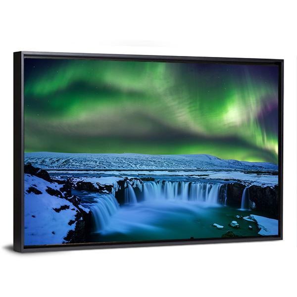 Aurora At Godafoss Waterfall Canvas Wall Art-3 Horizontal-Gallery Wrap-25" x 16"-Tiaracle