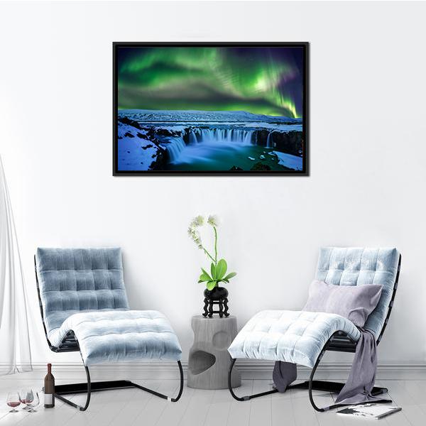 Aurora At Godafoss Waterfall Canvas Wall Art-5 Horizontal-Gallery Wrap-22" x 12"-Tiaracle