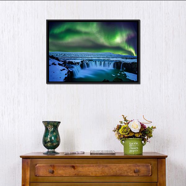 Aurora Over Godafoss Waterfall Canvas Wall Art in green and blue, framed canvas, product view on a white background
