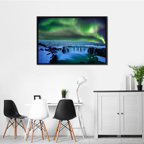 Aurora At Godafoss Waterfall Canvas Wall Art-3 Horizontal-Gallery Wrap-25" x 16"-Tiaracle