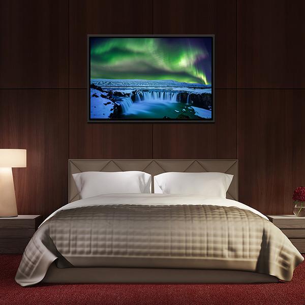 Aurora At Godafoss Waterfall Canvas Wall Art-3 Horizontal-Gallery Wrap-25" x 16"-Tiaracle