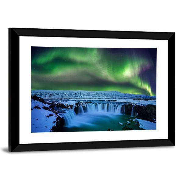 Aurora At Godafoss Waterfall Canvas Wall Art-3 Horizontal-Gallery Wrap-25" x 16"-Tiaracle