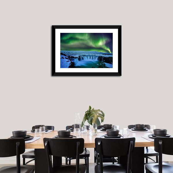 Aurora At Godafoss Waterfall Canvas Wall Art-5 Horizontal-Gallery Wrap-22" x 12"-Tiaracle