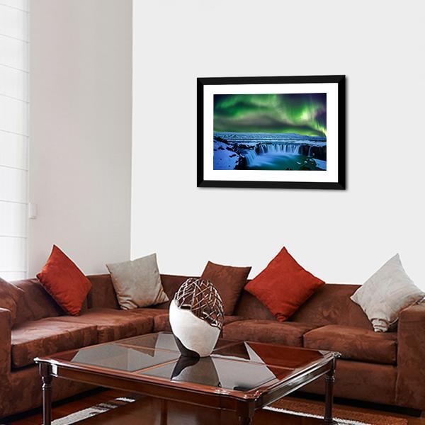 Aurora At Godafoss Waterfall Canvas Wall Art-5 Horizontal-Gallery Wrap-22" x 12"-Tiaracle