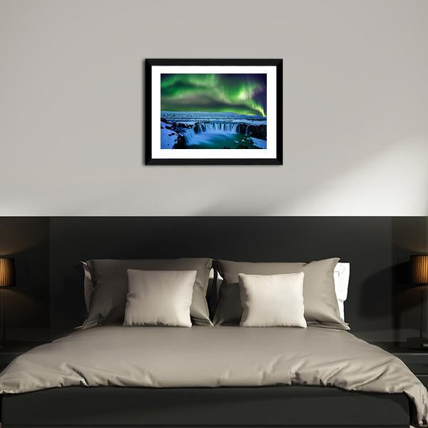 Aurora At Godafoss Waterfall Canvas Wall Art-3 Horizontal-Gallery Wrap-25" x 16"-Tiaracle