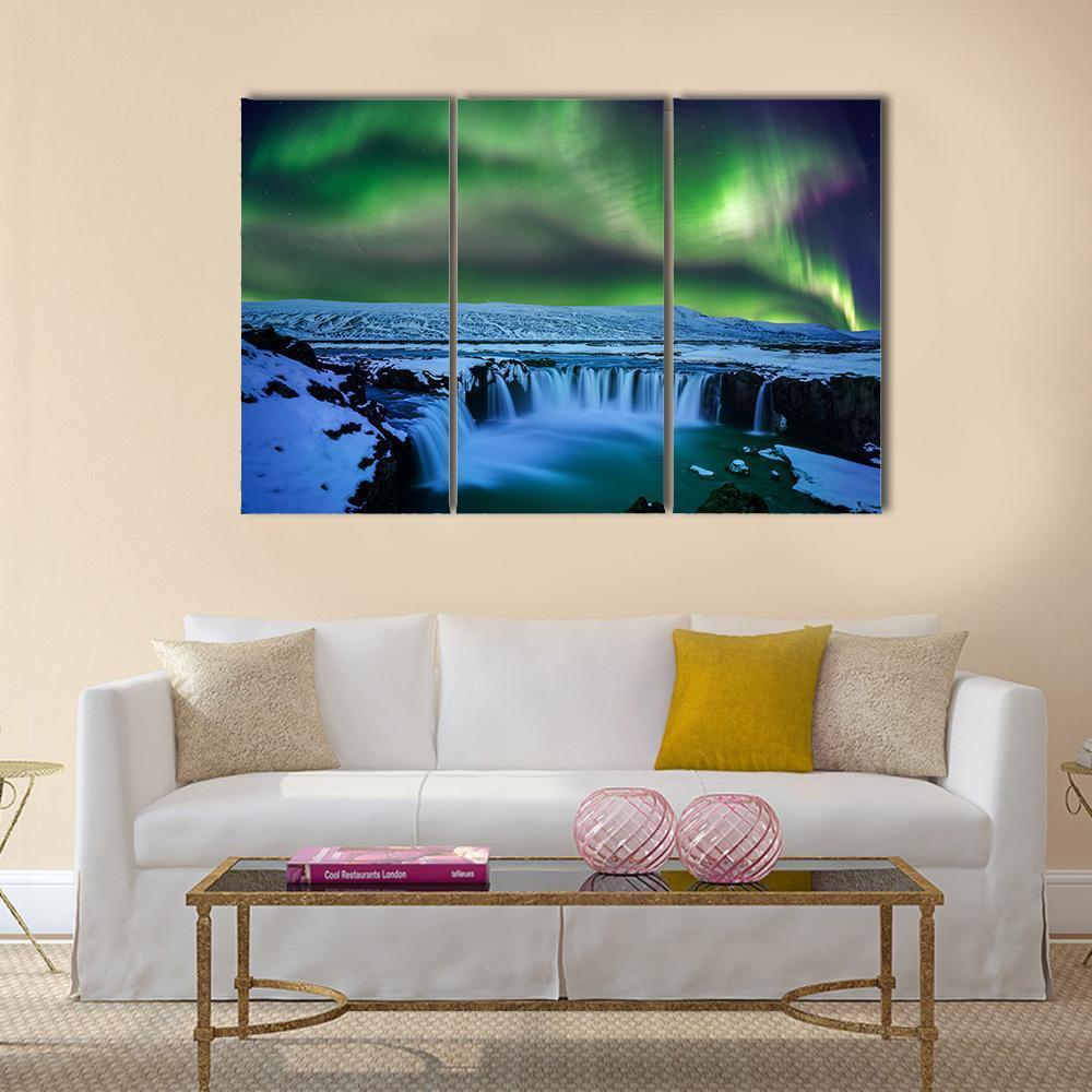 Aurora At Godafoss Waterfall Canvas Wall Art-3 Horizontal-Gallery Wrap-37" x 24"-Tiaracle