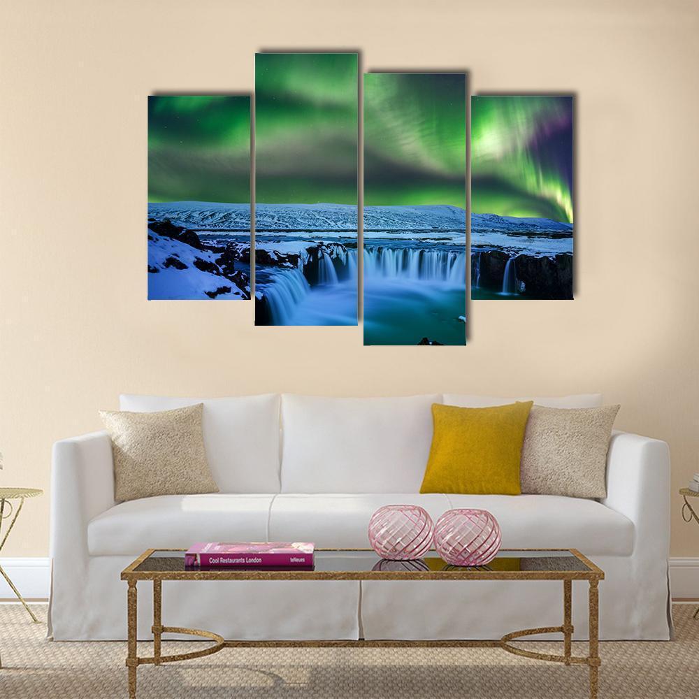 Aurora Over Godafoss Waterfall Canvas Wall Art in green and blue, 4 panel Pop layout hung on a wall