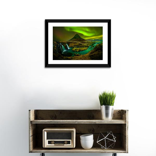 Aurora Over Kirkjufell Waterfall Canvas Wall Art in black, brown and green, 5 panel Pop layout hung on a wall
