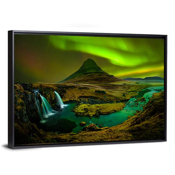 Aurora At Kirkjufell Waterfall Canvas Wall Art-3 Horizontal-Gallery Wrap-25" x 16"-Tiaracle