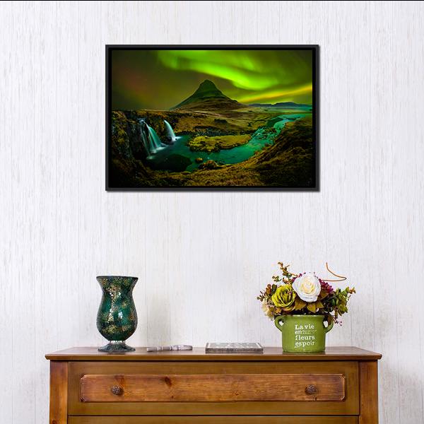 Aurora Over Kirkjufell Waterfall Canvas Wall Art in black, brown and green, framed canvas, product view on a white background