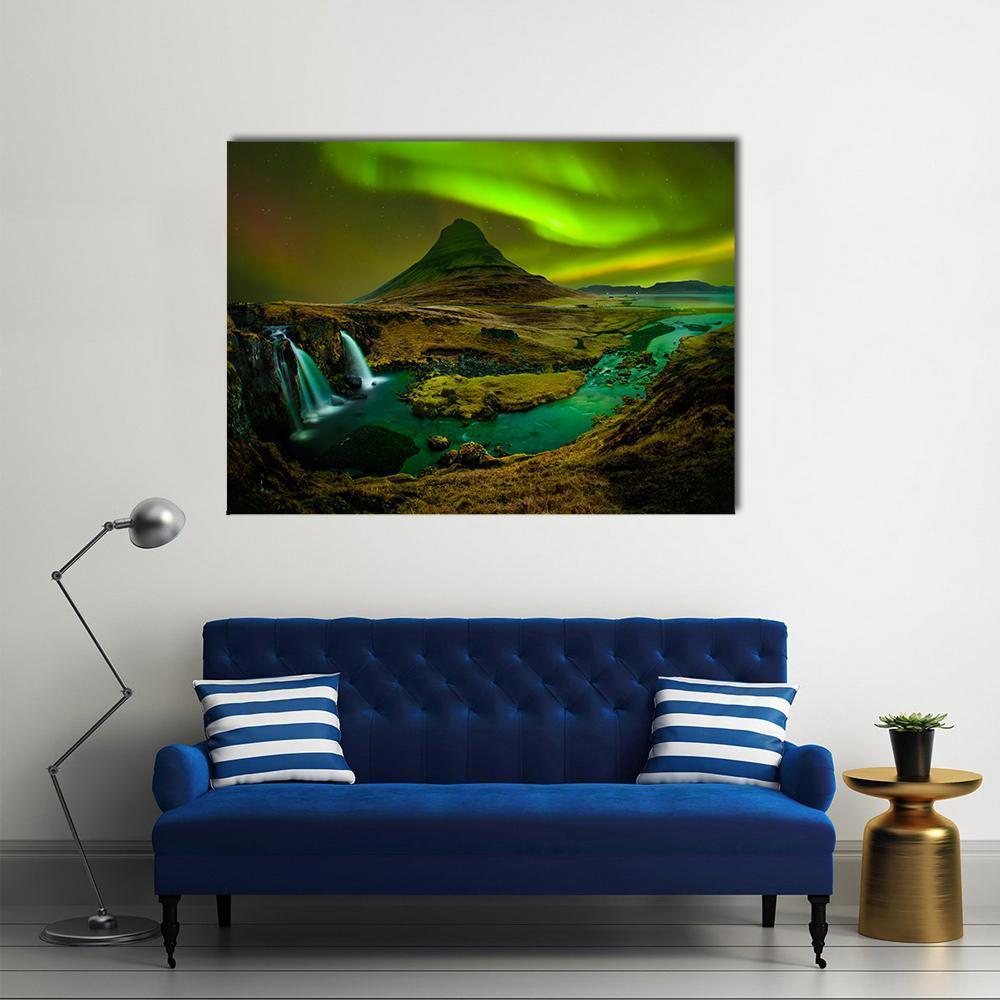 Aurora Over Kirkjufell Waterfall Canvas Wall Art in black, brown and green, 5 panel Pop layout hung on a wall